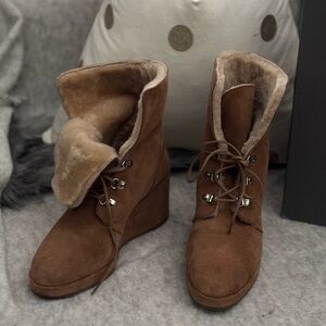 Aquatalia Brown Suede Wedge Lace-Up Shearling Ankle Boots